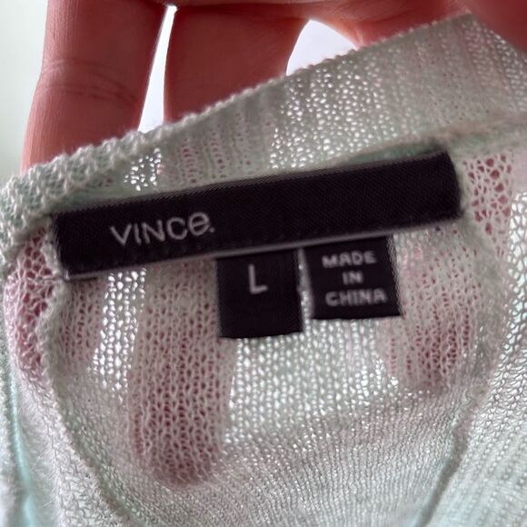 VINCE Pastel Aqua Blue Linen V-Neck Light weight Coastal Sweater - Large - Picture 5 of 11